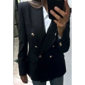 Zara Black Double-Breasted Blazer with Gold Buttons